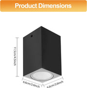 Black wall-mounted light fixture with dimensions indicated on a white background