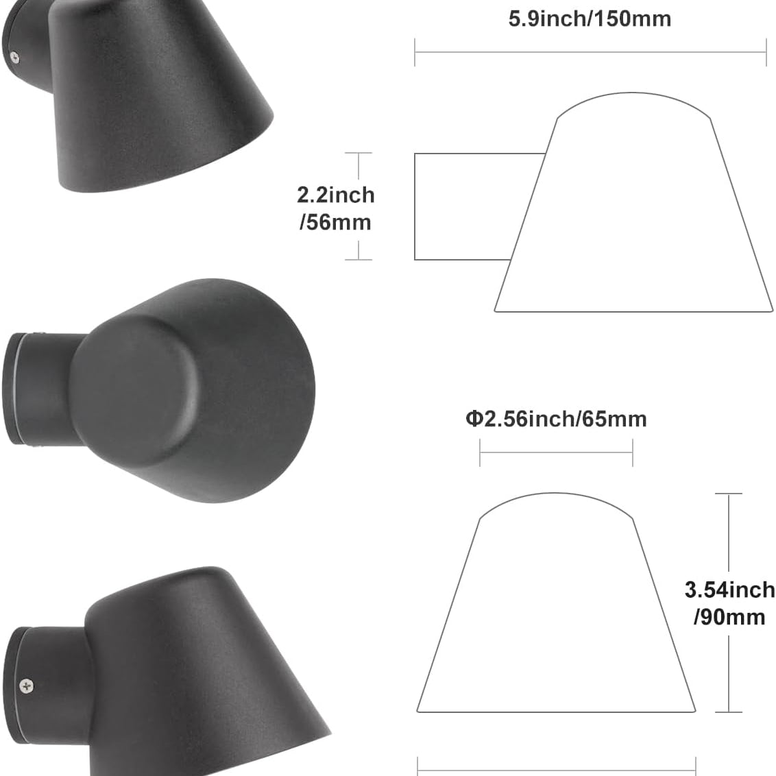Black wall-mounted light fixture with dimensions labeled