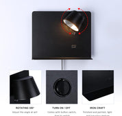 Black wall-mounted light fixture with features highlighted on a white background