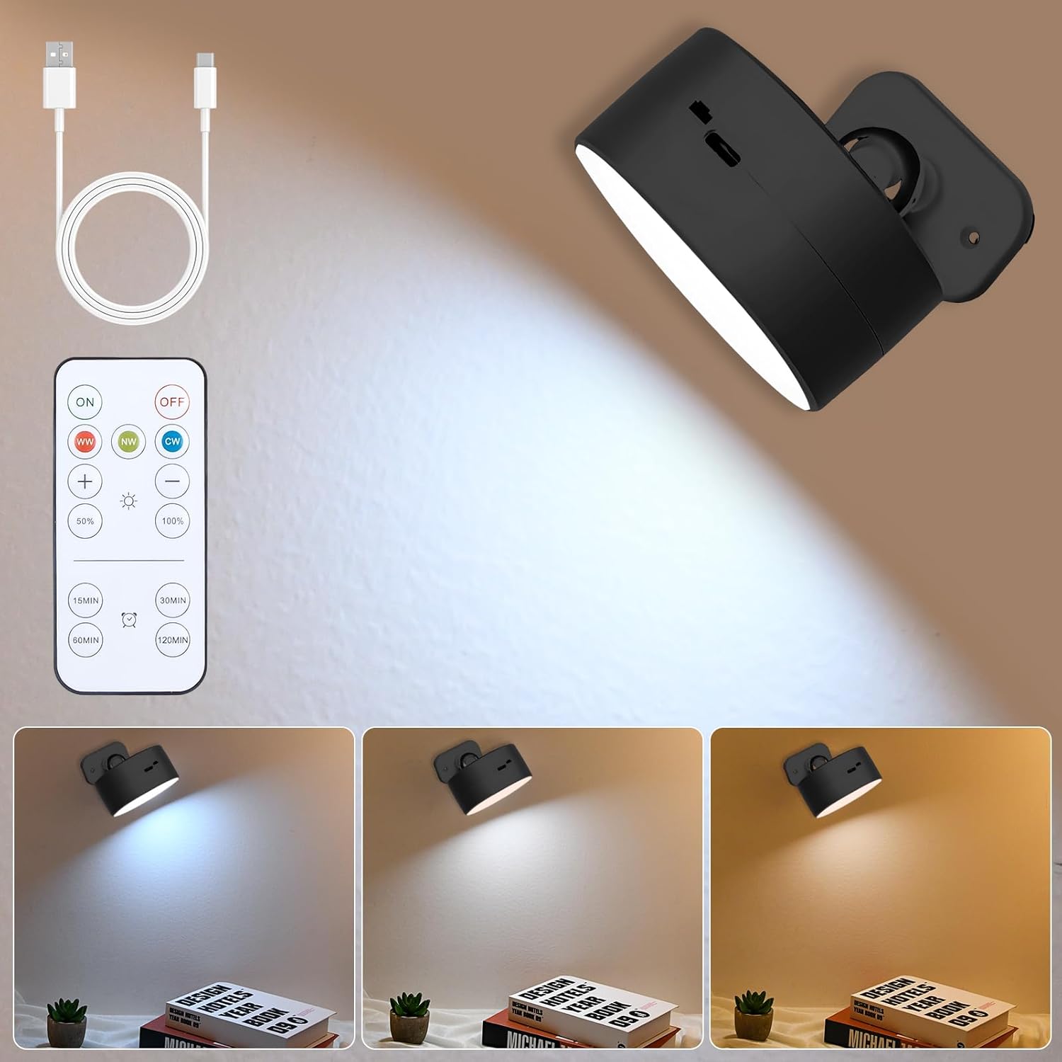 Black wall light fixture with remote control on a beige background