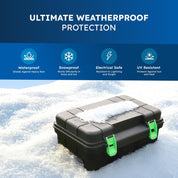 Black weatherproof storage box with green latches on a snowy background, featuring text about its features.