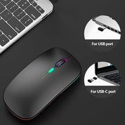 Black wireless mouse with USB and USB-C ports on a dark surface