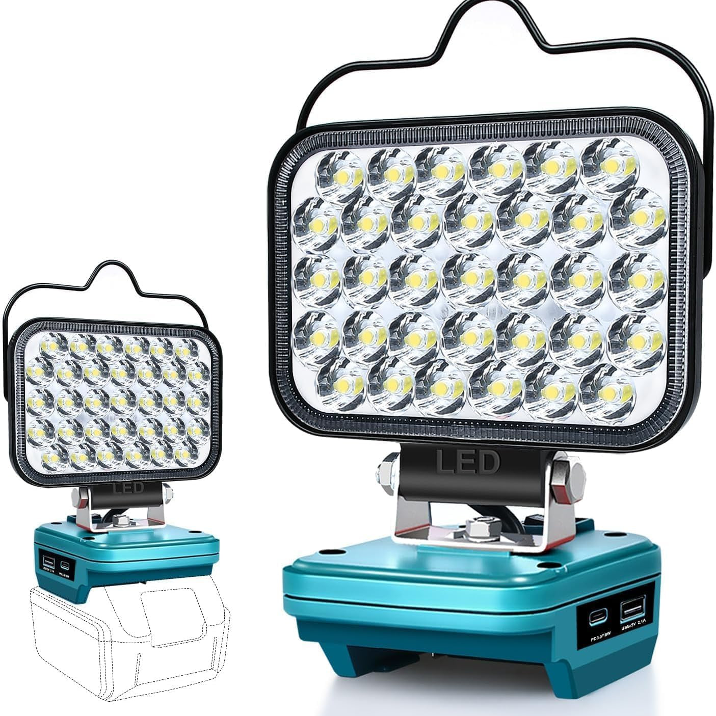 Blue LED work light with a compact design on a white background