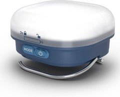 Blue and white device with mode and power buttons on a white background