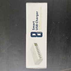 Box of a smart USB charger on a dark surface