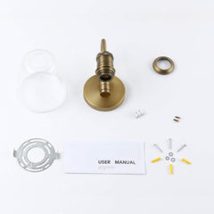 Brass wall-mounted fixture with components and user manual on a white background