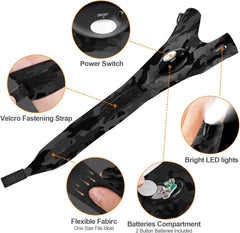 Camouflage LED belt light with labeled features on a white background