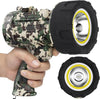 Camouflage flashlight held by a hand with close-up of flashlight on a white background