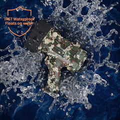 Camouflage phone case floating on water with 'IP67 Waterproof Floats on water' text.