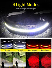 Car headlight with red light feature, showing different light modes on a dark background.
