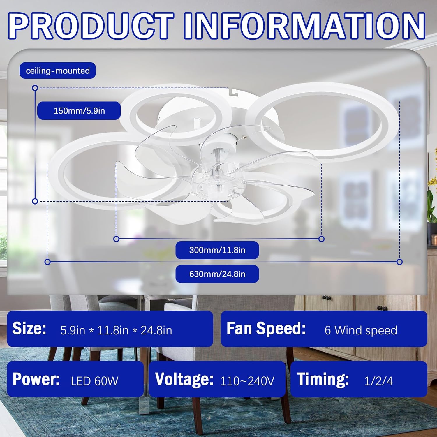 Ceiling-mounted fan with dimensions and specifications displayed on a clear background