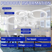 Ceiling-mounted fan with dimensions and specifications displayed on a clear background