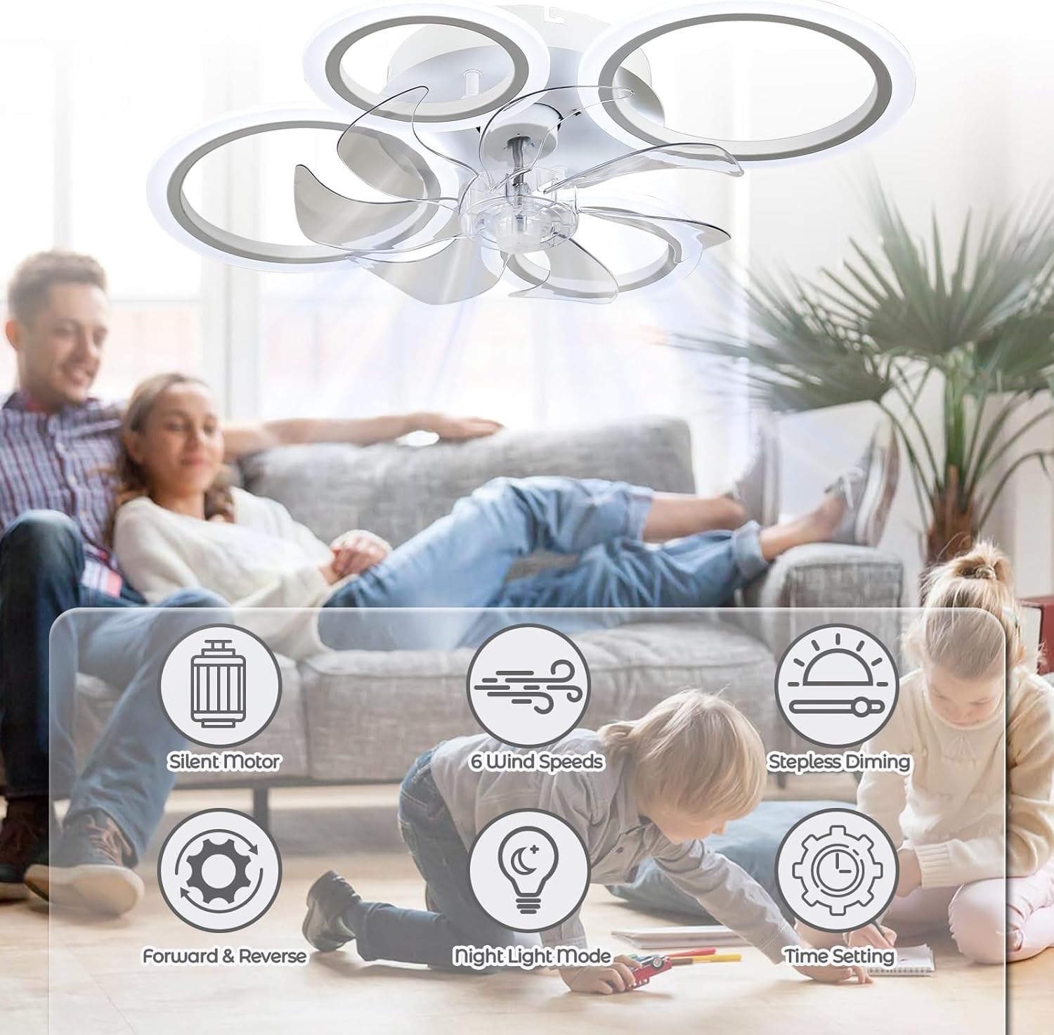 Ceiling fan in a living room with family and child, featuring fan control icons.