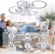 Ceiling fan in a living room with family and child, featuring fan control icons.