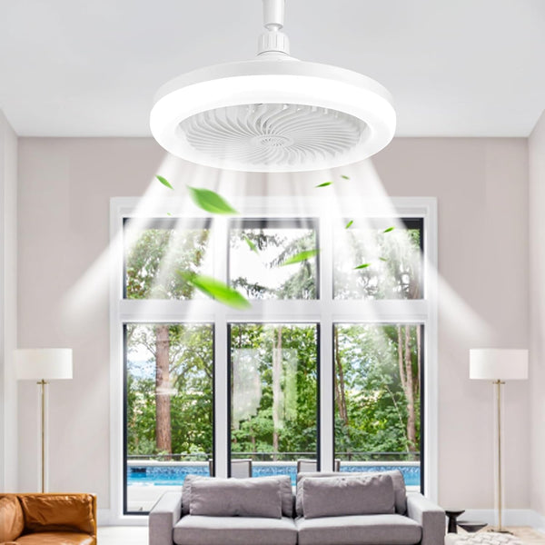 Ceiling fan in a room with a large window view of trees and a pool.