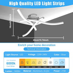 Ceiling fan with LED light strips and technical specifications on a blue and gray background