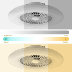 Ceiling fan with brightness and color temperature indicators on a white background