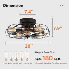 Ceiling fan with dimensions and bulb information on a white background