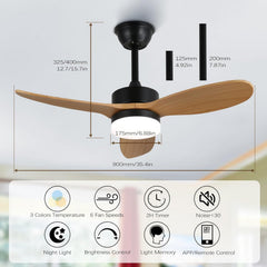 Ceiling fan with dimensions and features displayed on a white background