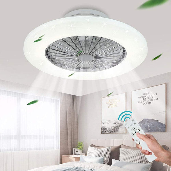 Ceiling fan with light fixture and remote control in a bedroom setting