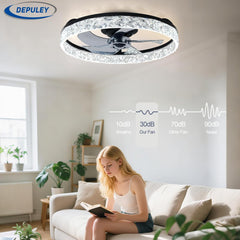 Ceiling fan with light fixture in a living room setting, featuring the brand 'DEPULEY'.