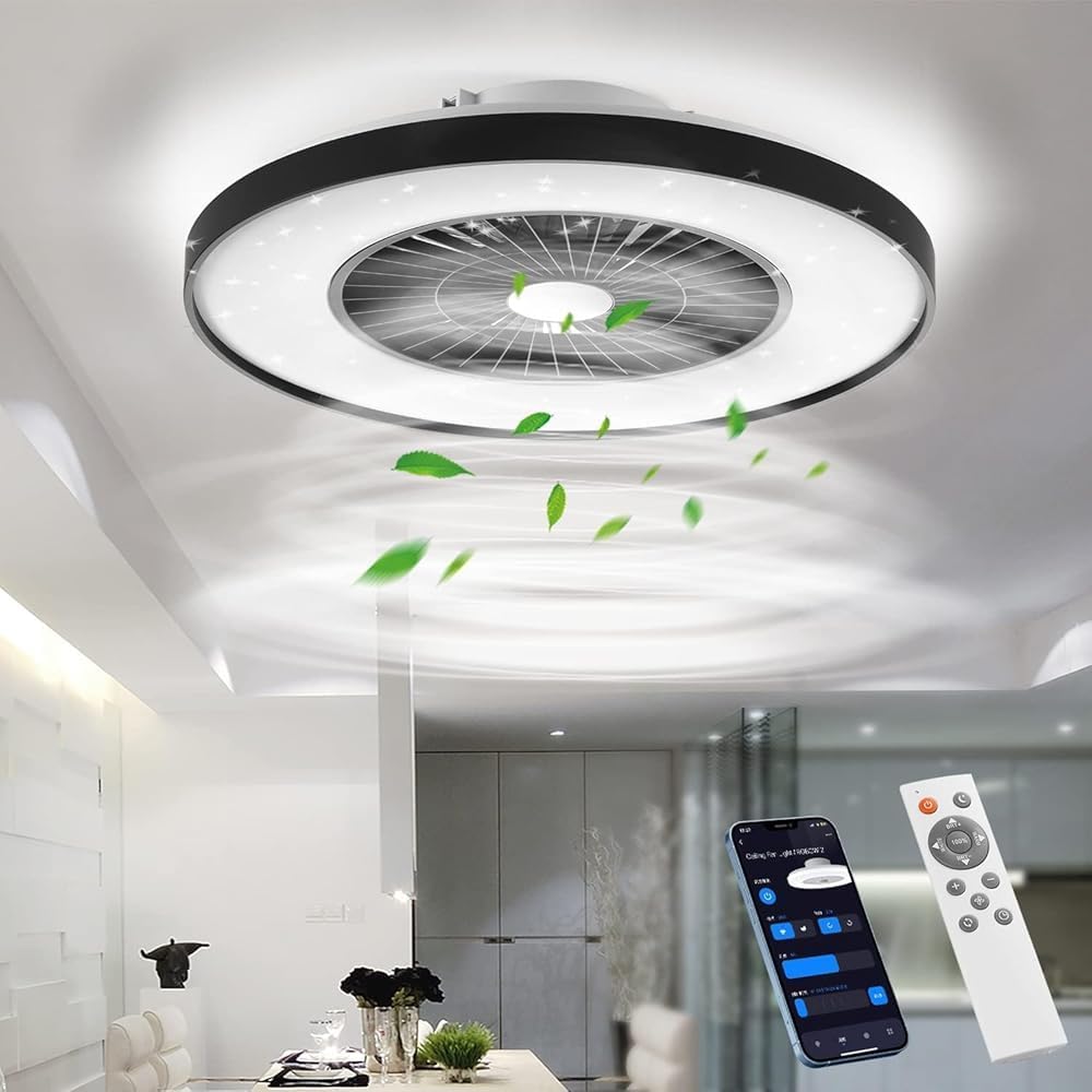 Ceiling fan with light fixture in a modern room setting, featuring a smartphone and remote controls.