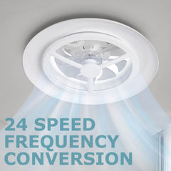 Ceiling fan with light fixture on a gray background, featuring text about speed and frequency conversion.