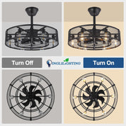 Ceiling fan with light fixture showing 'Turn Off' and 'Turn On' states, featuring the Inglighting brand.