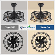 Ceiling fan with light fixture shown in 'Turn Off' and 'Turn On' states, featuring Inglighting brand.