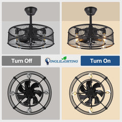 Ceiling fan with light fixture shown in 'Turn Off' and 'Turn On' states, featuring Inglighting brand.