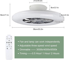 Ceiling fan with remote control and dimensions displayed on a white background