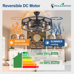 Ceiling fan with reversible DC motor features, showing winter air circulation and summer cooling, in a living room setting.