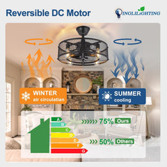 Ceiling fan with reversible DC motor in a living room setting, showing winter air circulation and summer cooling functions.