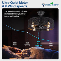 Ceiling fan with sleeping person and noise level comparison, featuring Inglilighting brand.