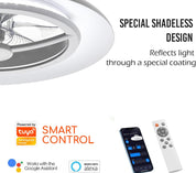Ceiling fan with smart control features and Tuya Smart branding.