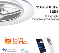 Ceiling fan with smart control features and Tuya Smart branding.