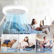 Ceiling fan with three adjustable speed indicators in a living room setting.
