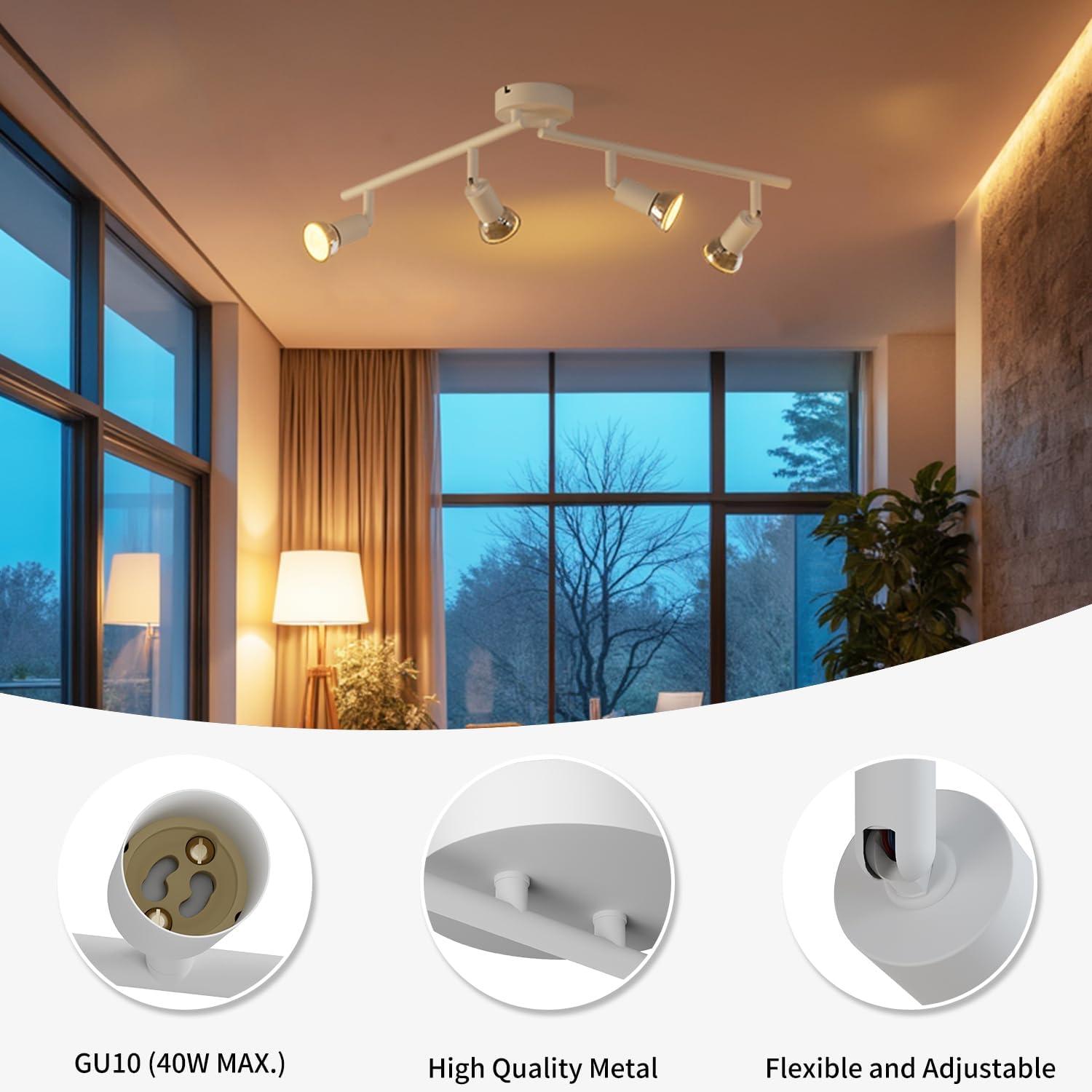 4 Way White Ceiling Spotlight GU10 Adjustable Light Fitting for Kitchen ...