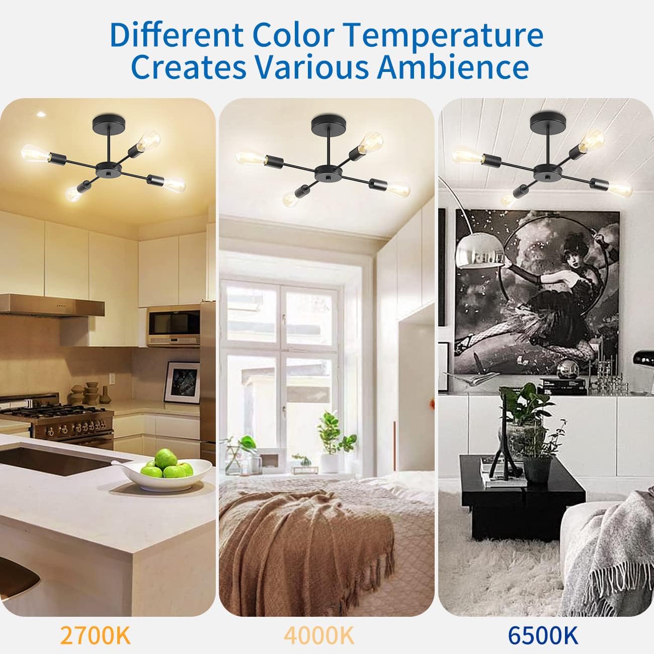 Black Sputnik Ceiling Light – 4 Way Modern Flush Mount Chandelier with ...