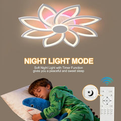 Ceiling light fixture with child sleeping and remote control, emphasizing night light mode.