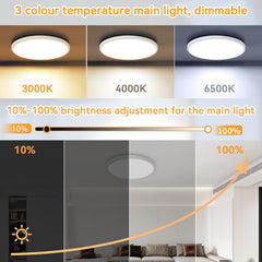 Ceiling light fixture with color temperature and brightness adjustment options shown on a gradient background.