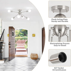 Ceiling light fixture with detailed features and a hallway background