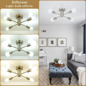 Ceiling light fixture with different light bulb effects in a living room setting.