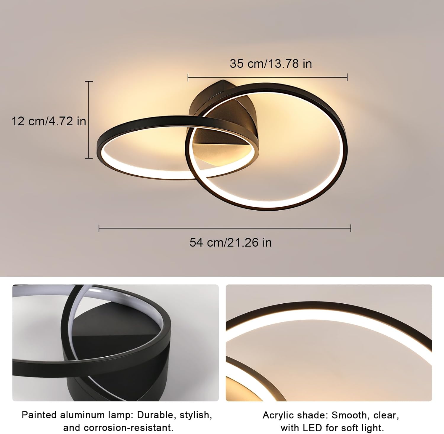 Ceiling light fixture with dimensions and material information on a neutral background