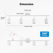 Ceiling light fixture with dimensions and swivel feature on a white background