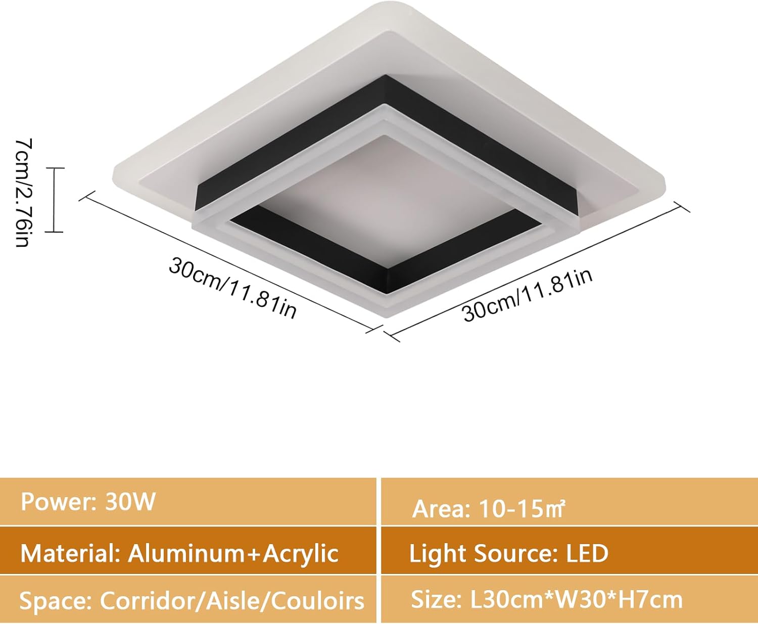 Ceiling light fixture with dimensions and technical specifications on a white background