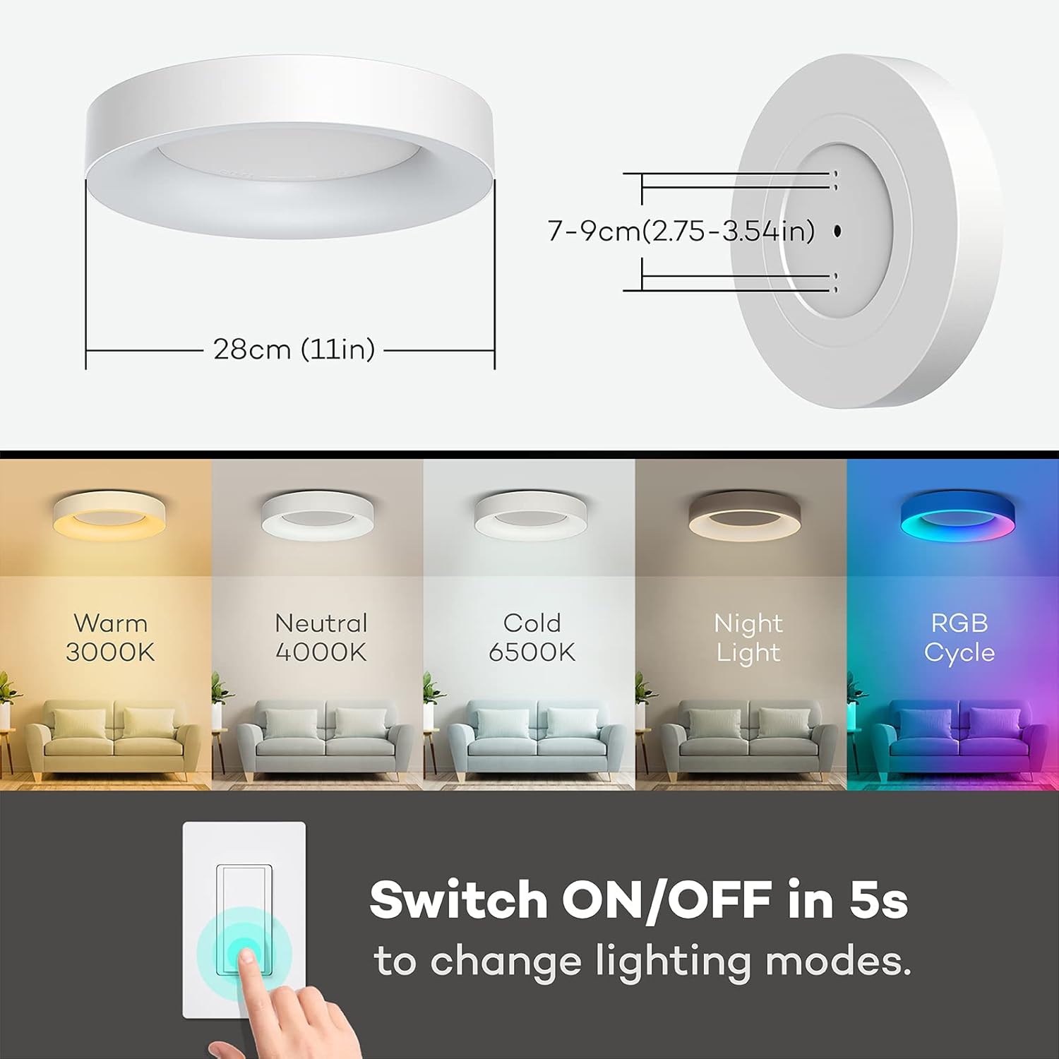 Ceiling light fixture with dimensions, color temperature options, and RGB cycling feature.