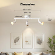 Ceiling light fixture with dimensions displayed on a wall with framed pictures and a plant.