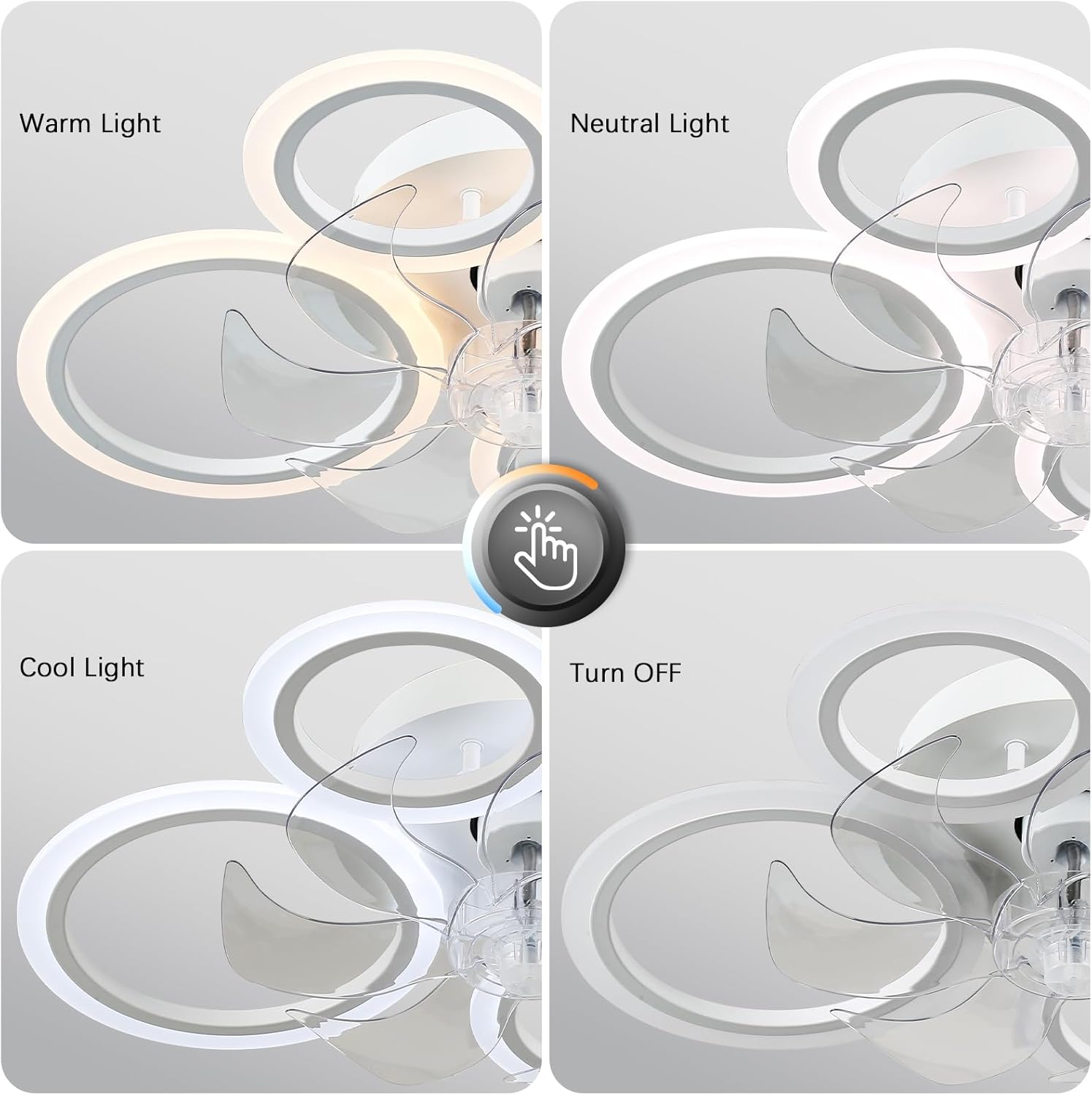 Ceiling light fixture with selectable warm, neutral, and cool light options.