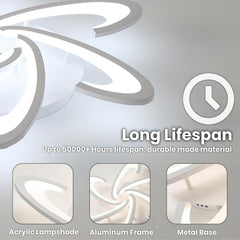 Ceiling light fixture with text about long lifespan, durable material, acrylic lampshade, aluminum frame, and metal base.